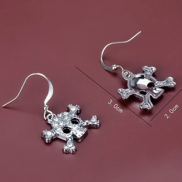 Any 4/$25! Silver Crystal Pave Skull & Bones Drop Earrings - Picture 4 of 6